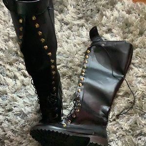 Strappy Lace-Up Knee High Combat Stacked Heel Boot